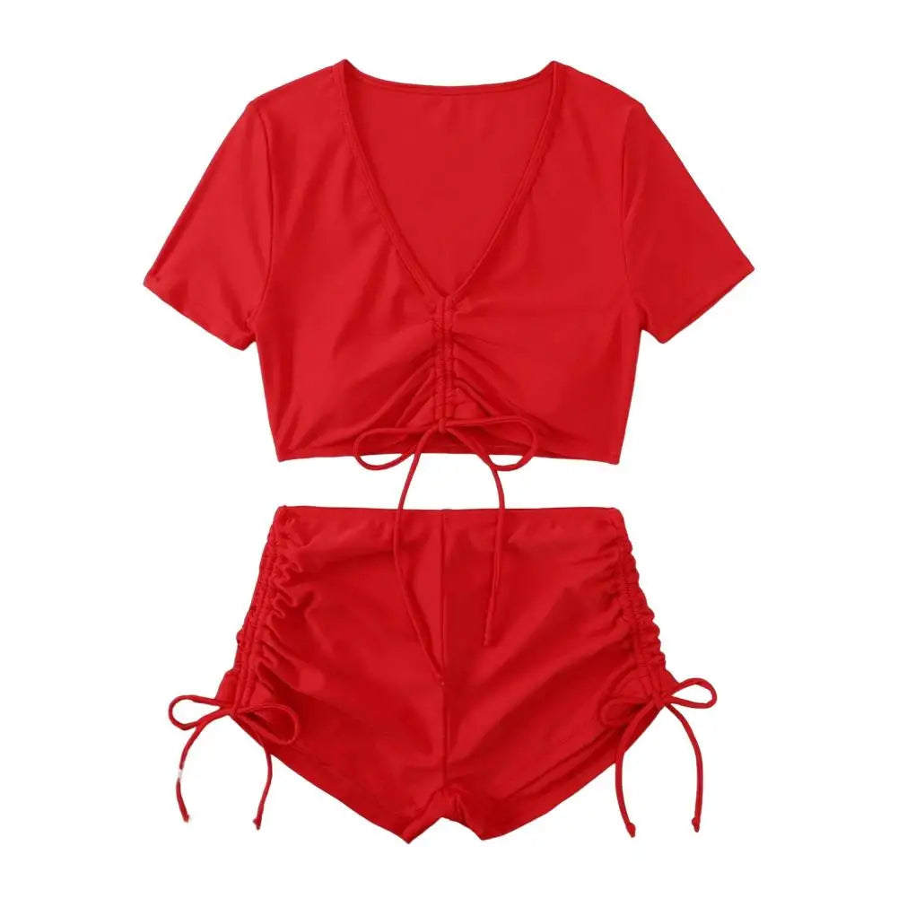 Solid Color Swimwear Stylish Women's Summer Bikini Set with V-neck Short Sleeve Tops High Waist Drawstring Swimming for Beach