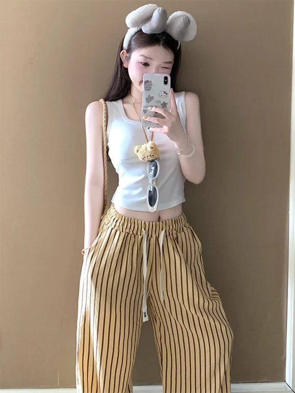 Comfortable Cloud Cotton Sleep Pants Women's Long Pants Striped Outerwear Home Clothes Spring Summer New Style Yellow Stripes