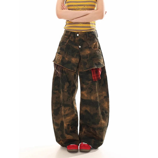 ZHIZOU Autumn Womens Jeans High Waist Baggy Casual Vintage Y2K Camouflage Straight Pants Street American Wide Leg Denim Trouser