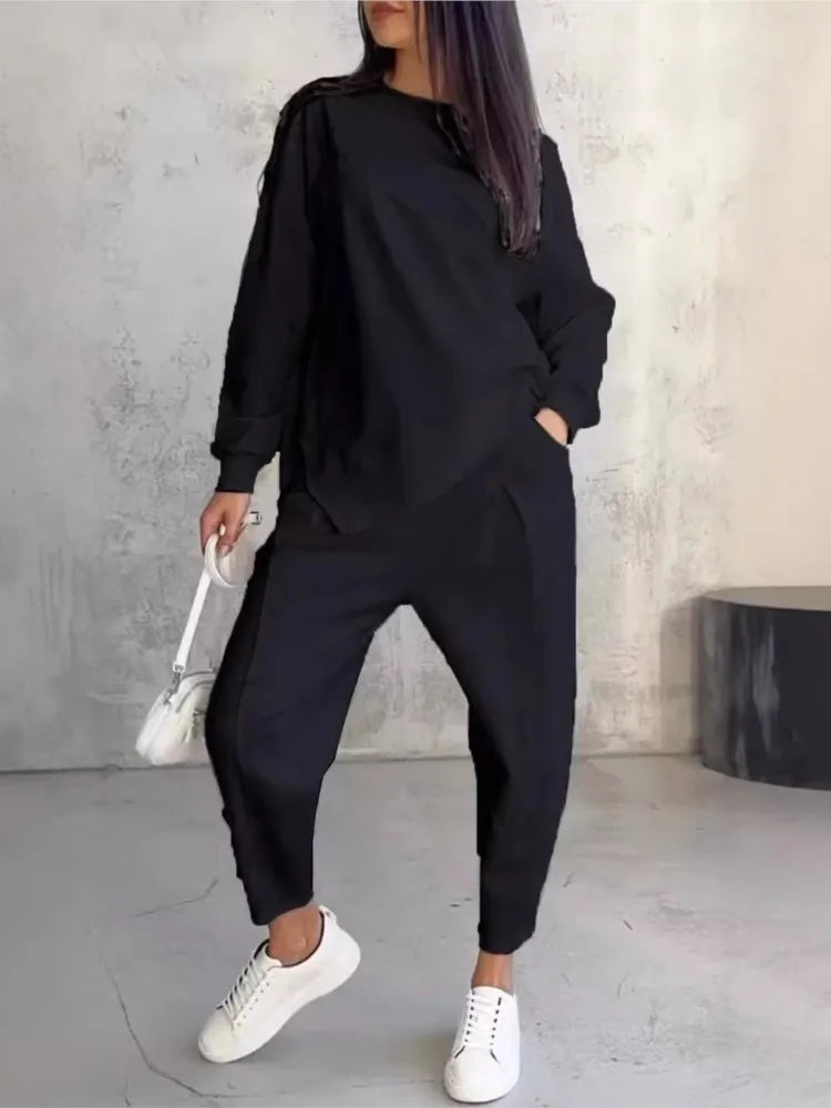 Women Casual Solid Set Fashion O Neck Long Sleeve Loose Top And Long Pants Two Piece Sets Lady Spring And Autumn Sports Sets