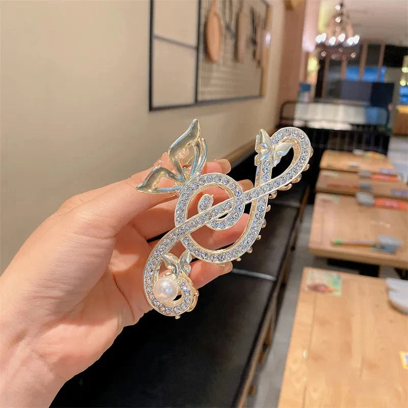 Vintage Elegant Rhinestone Pearl Note Hair Clip Luxury Clef Shape Shark Clip Women Metal Ponytail Hair Accessory Tiara New