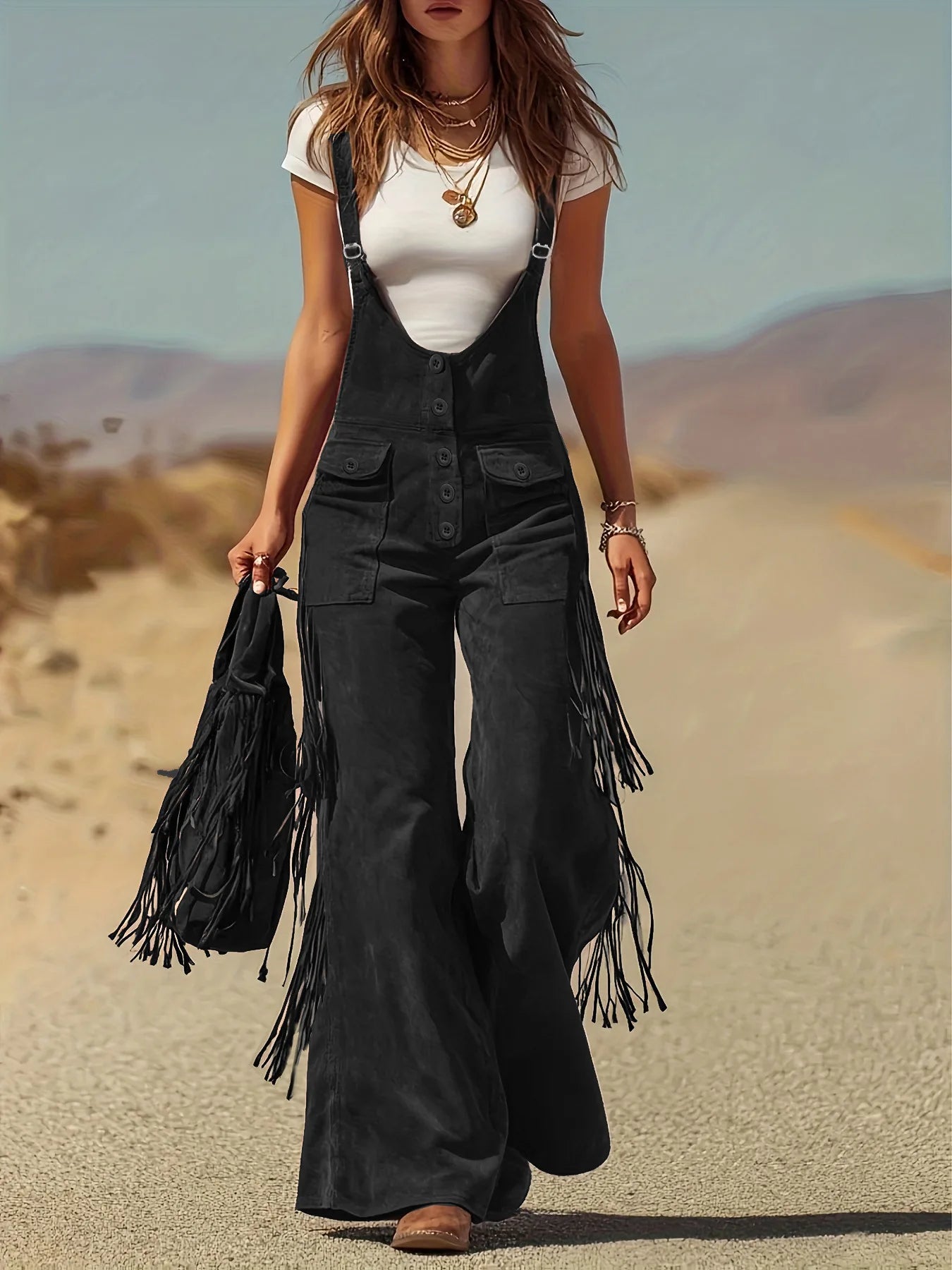 Women Chamois Straps Jumpsuit Spring Tassel Wide Leg Pants Romper Dungaree Bib Overalls Casual Loose Sleeveless Street Jumpsuits