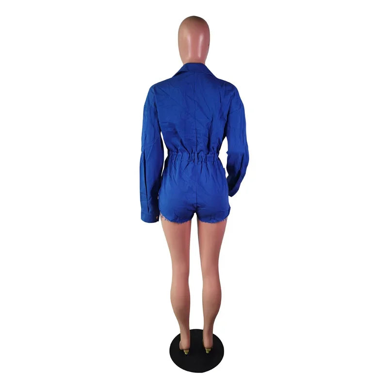 Streetwear Pockets Jeans Jumpsuit Denim Playsuit Women Shorts Turn-down Collar Single-breasted Long Sleeve Romper Fall Outfits