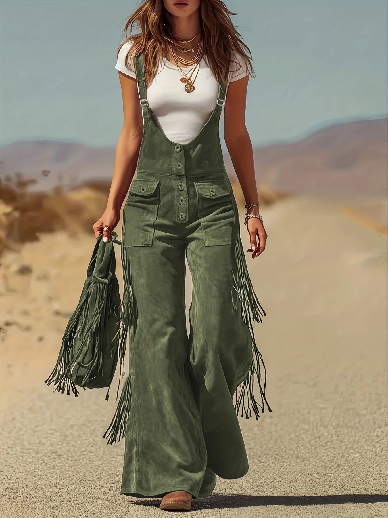 Women Chamois Straps Jumpsuit Spring Tassel Wide Leg Pants Romper Dungaree Bib Overalls Casual Loose Sleeveless Street Jumpsuits