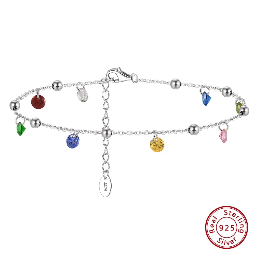 Rinntin Genuine 925 Sterling Silver Chain Anklets with Colorful Cubic Zirconia for Women Fashion Ankle Bracelets Jewelry SA93