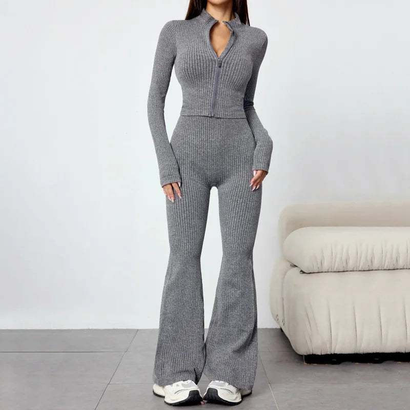 European And American Yoga Wear Set For Autumn And Winter Zipper Long-sleeved Sports Jacket Women's Fitness Yoga Flared Trousers