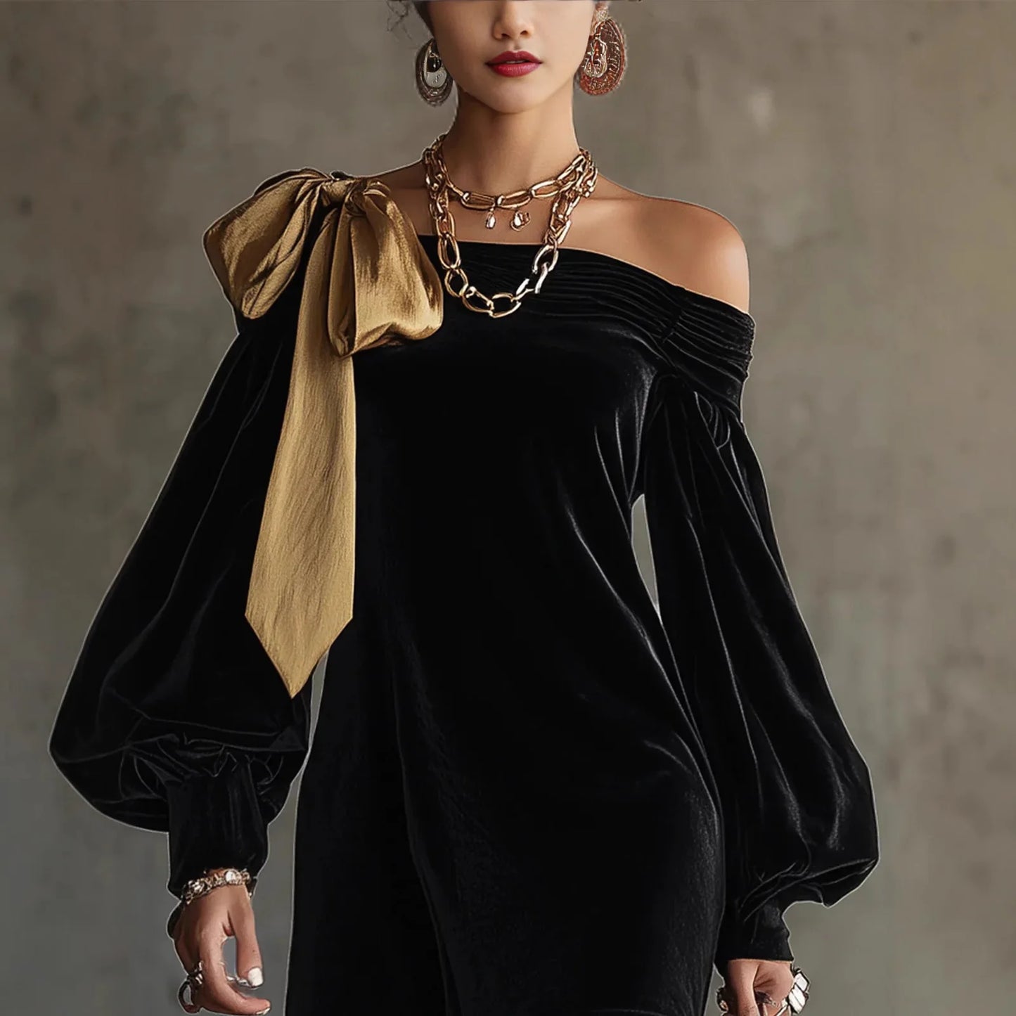 Cocktail Party Off The Shoulder Lantern Sleeve Long Sleeve Bow Tie Vintage Velvet Mini Dresses Autumn Winter Elegant Party Dress