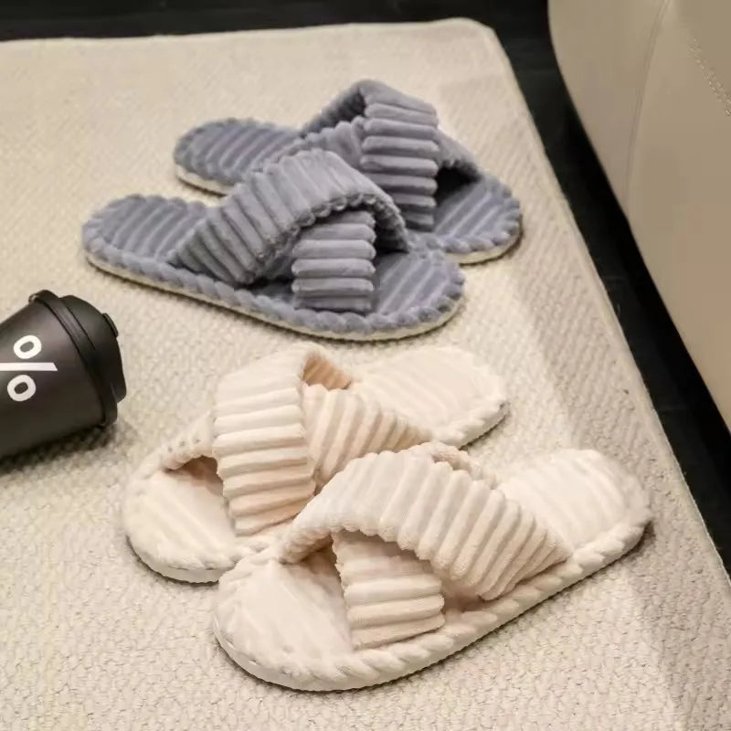 Women's Home Slippers Fashion Corduroy Cross Women's Sandals Winter Warm Plush Slides Indoor Flat Soft Sole Light Female Shoes