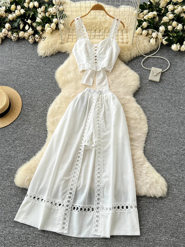 SINGREINY Holiday Hollow Out Two Pieces Sets Women Strap Backless Mini Camis+Elastic Long Pantskirt Bohe Cotton Embroidery Suits