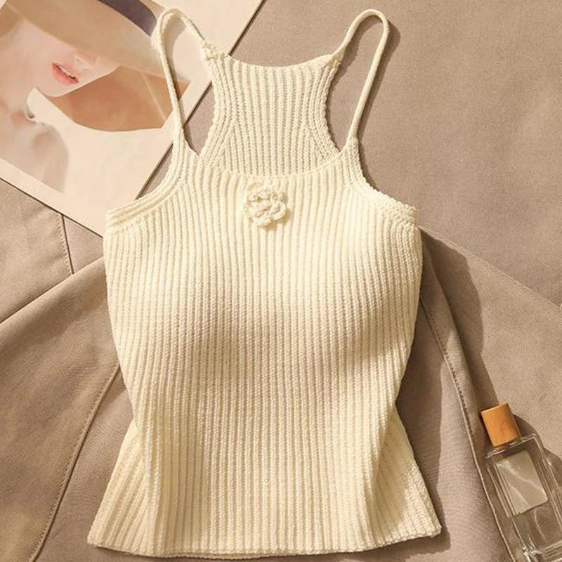 Summer Sexy Flower Knitted Camisole Women's Solid Color Sleeveless Slim Crop Top