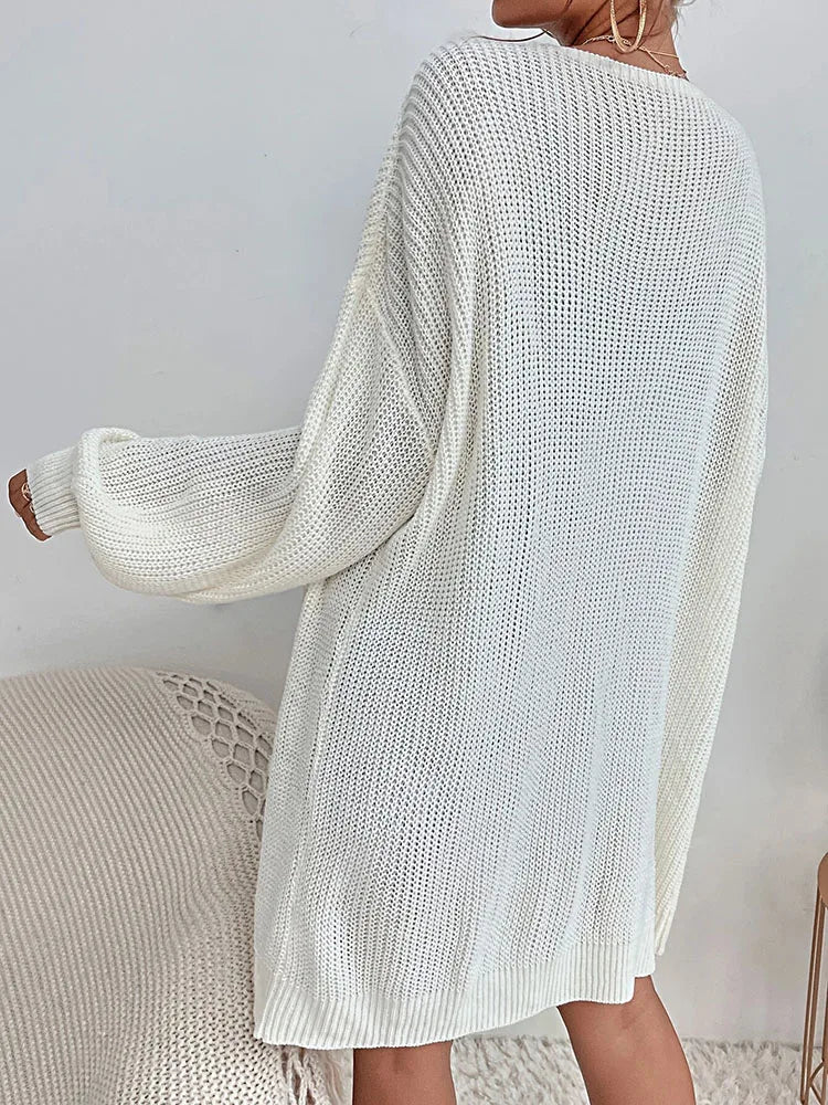 Elegant and fashionable cardigan sweater for women solid color medium to long length knit sweater simple and versatile jacket fo
