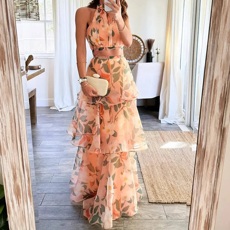 Sleeveless Fashion New Loungewear Skirt Set, Summer Women Hollow Sexy Patchwork Party Suit, Print Stand Collar Elegant 2pc Sets
