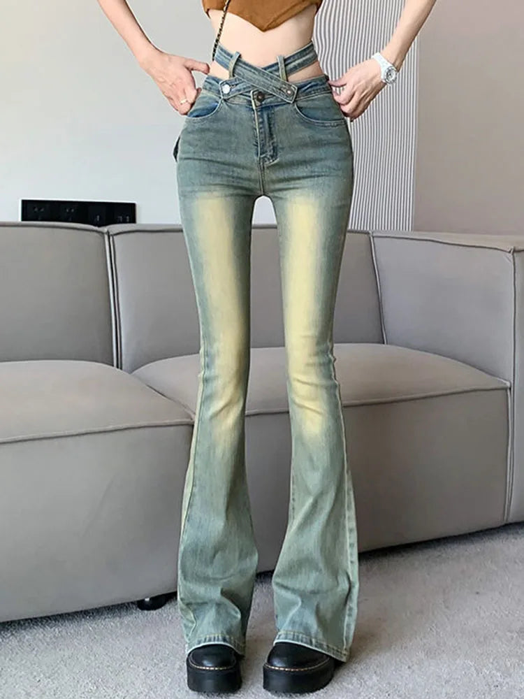 Sexy Y2k Design Skinny Flare Jeans Korean Fashion High Waist Vintage Stretch Boot Cut Denim Pants Casual Streetwear Vaqueros New