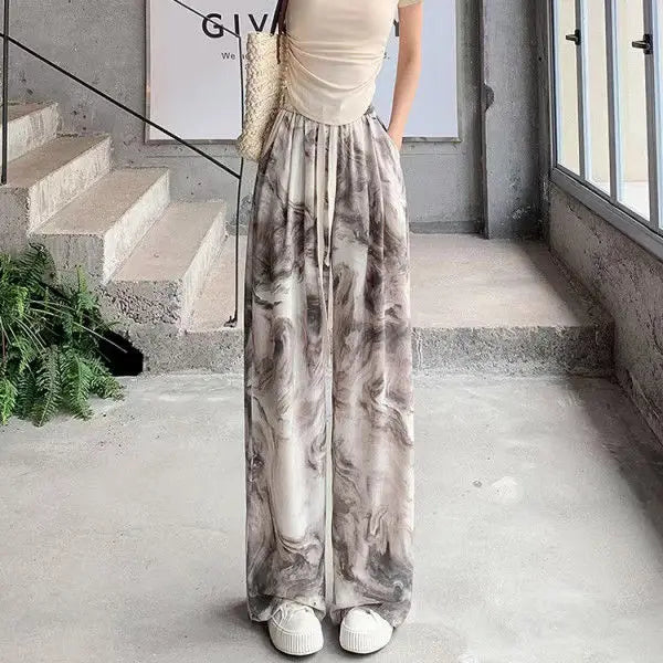 New Chinese Style Tie-dye Ice Silk Casual Thin Women's High Waist Summer High Waist Droop Loose Wide-leg Pants Trendy