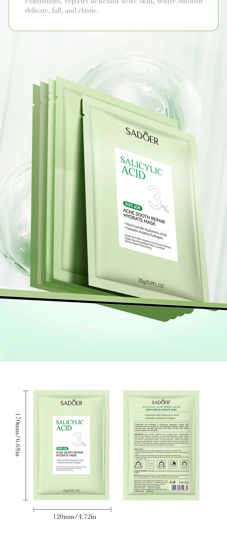 5pcs SADOER Salicylic Acid Face Mask Moisturizing Nourishing Firming Hydrating Facial Masks Face Sheet Mask Skin Care