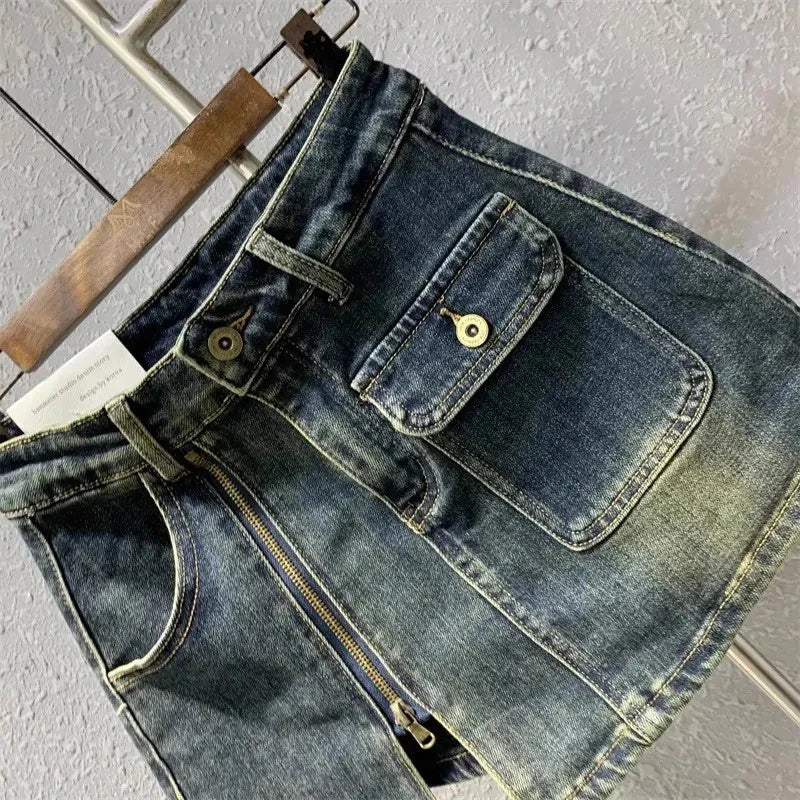 MEXZT Y2K 2000S Cargo Denim Mini Skirt Women Vintage Sexy Slit Hip Wrap Jeans Skirts Summer Korean High Waist Slim A Line Skirt