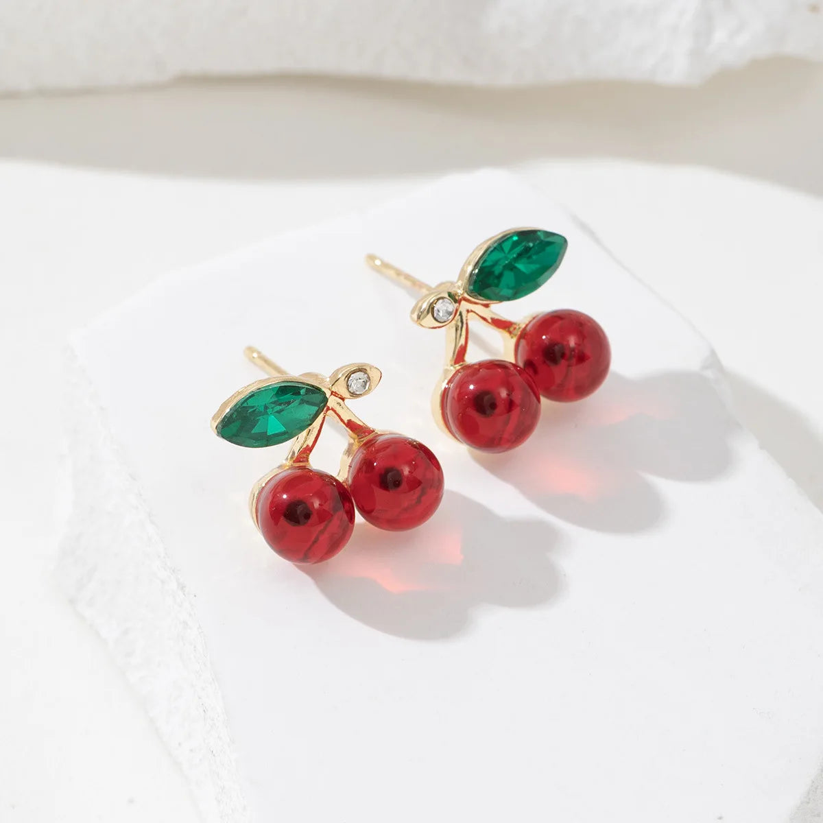 LATS Red Zircon Cherry Leaf Stud Earrings for Women Fashion Crystal Dangle Party Prom Birthday Wedding Gifts Jewelry Accessories