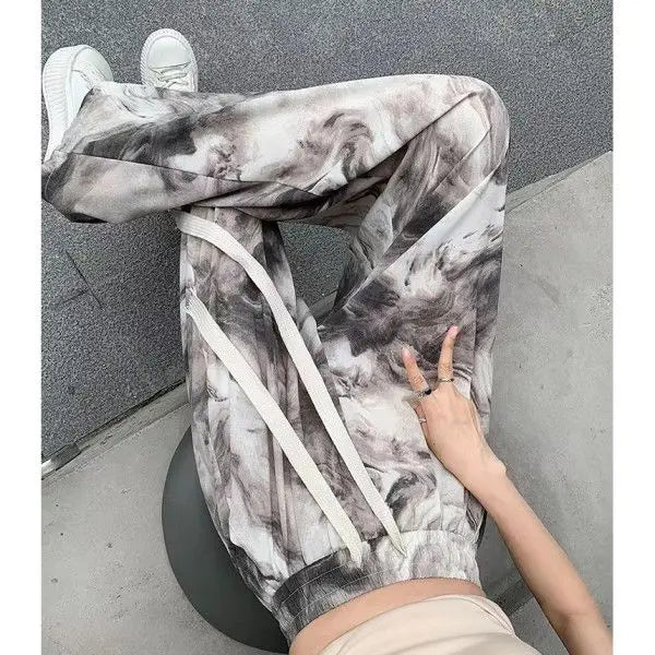 New Chinese Style Tie-dye Ice Silk Casual Thin Women's High Waist Summer High Waist Droop Loose Wide-leg Pants Trendy