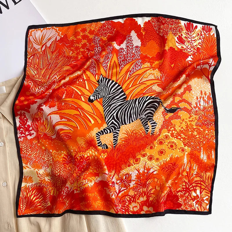 New 100% Real Silk Scarf For Woman Vintage Leopard Head Hair Scarfs Small Square Bandana Femme Office Neckerchief SD0201