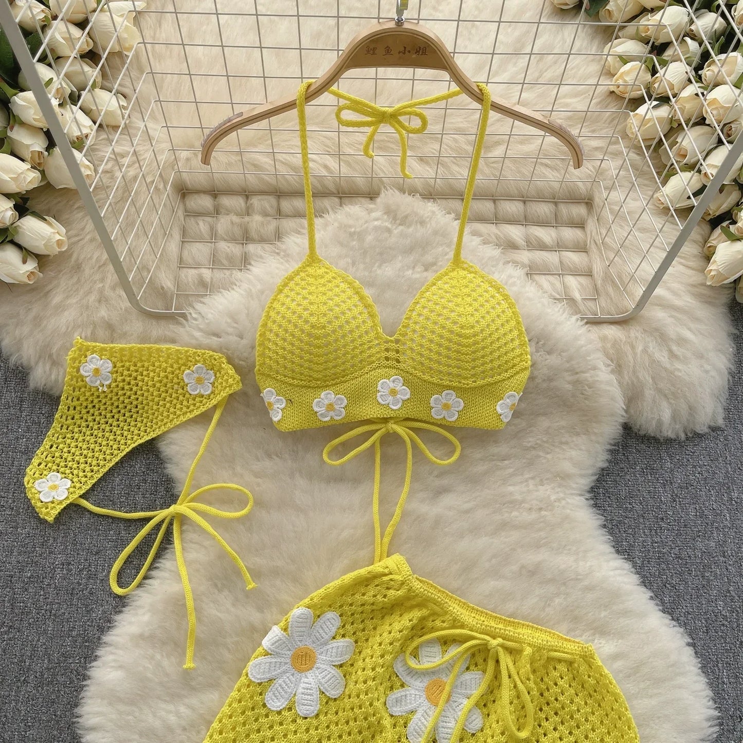 New Summer Hollow Out Knitted Suits Women Halter Lace Up Bow Backless Tank Top+Drawstring Split Mini Skirt Two Pieces Sets