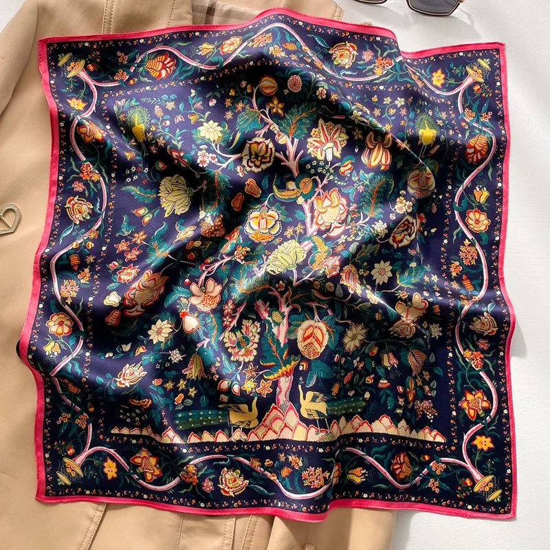 New 100% Real Silk Scarf For Woman Vintage Leopard Head Hair Scarfs Small Square Bandana Femme Office Neckerchief SD0201