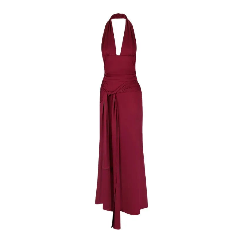 Sexy Satin Wrap around Waist Top with Long Skirt AD329 Summer New Style Crossbody Strap Design Bodycon Dress for Women