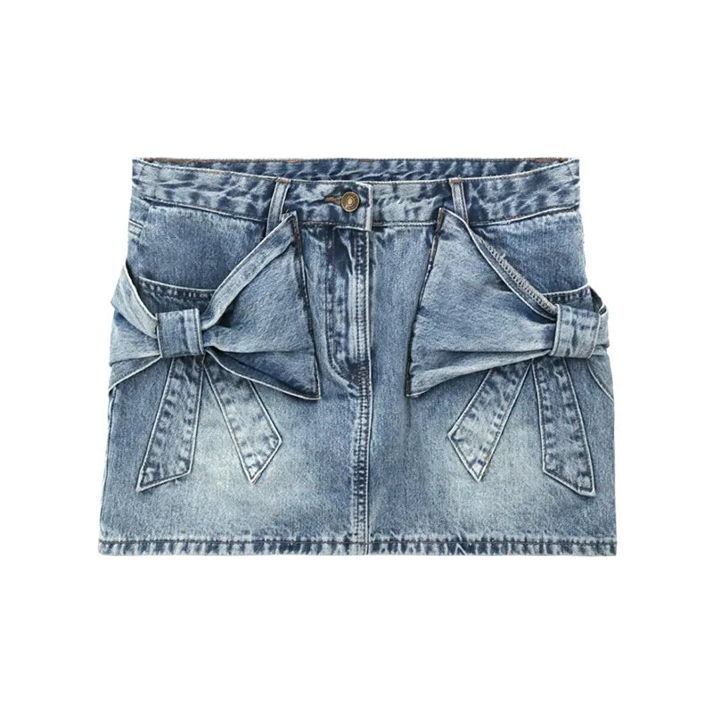 design bow denim short skirt, fashionable and spicy girl, anti slip half skirt, high waist A-line wrapped hip skirt