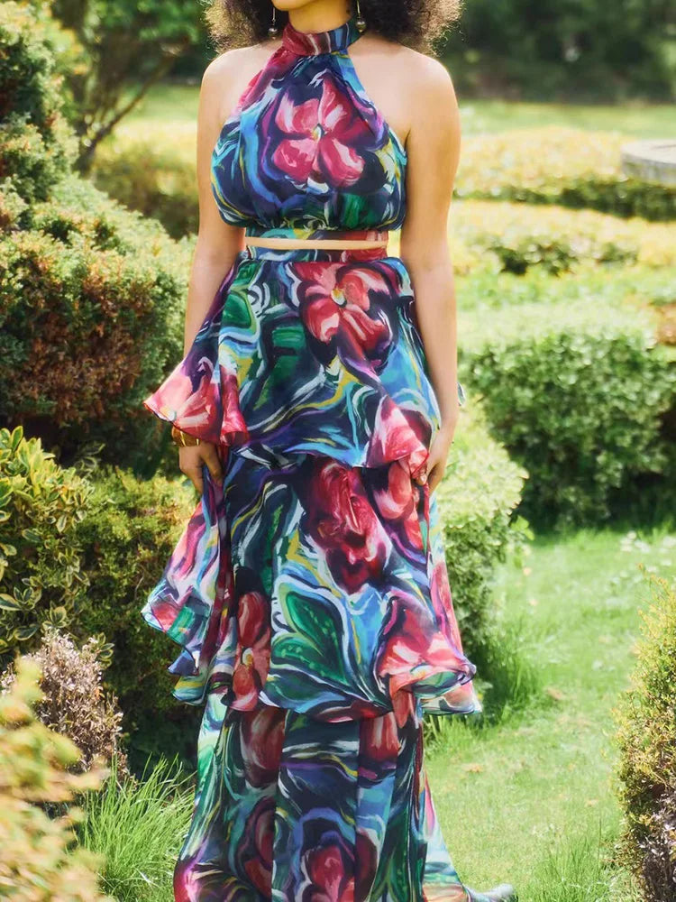 Sleeveless Fashion New Loungewear Skirt Set, Summer Women Hollow Sexy Patchwork Party Suit, Print Stand Collar Elegant 2pc Sets