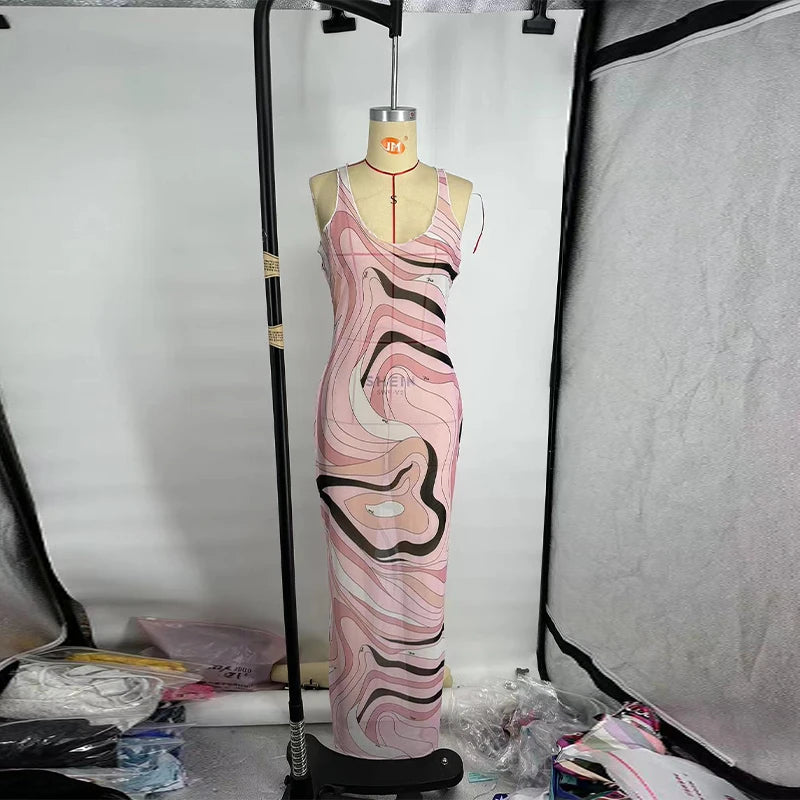 Sexy Women's Sheer Mesh Bodycon Maxi Dress Chic Print Sleeveless Slim Fit Beach Vacation Long Dresses Casual Daily Female Outfit