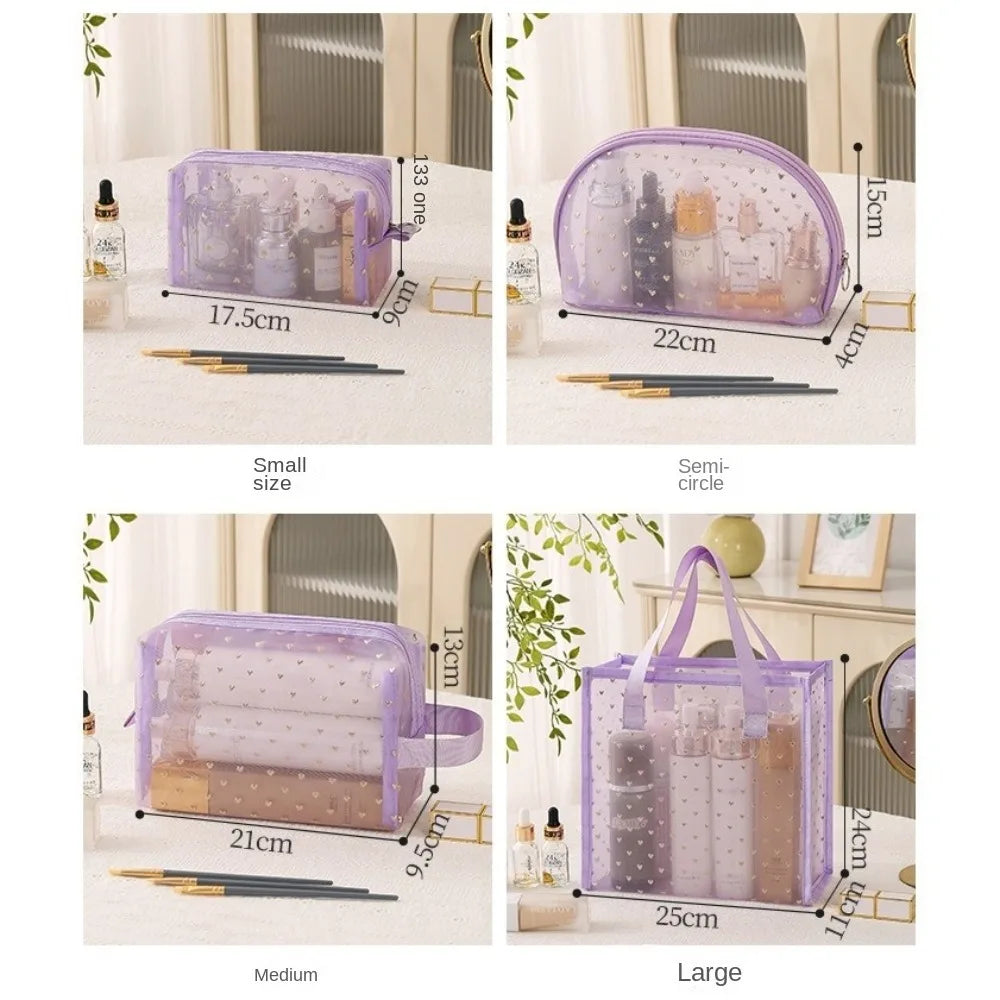 Fashion Portable Cosmetics Storage Bag Mesh Heart Makeup Bag Toiletries Bag Women