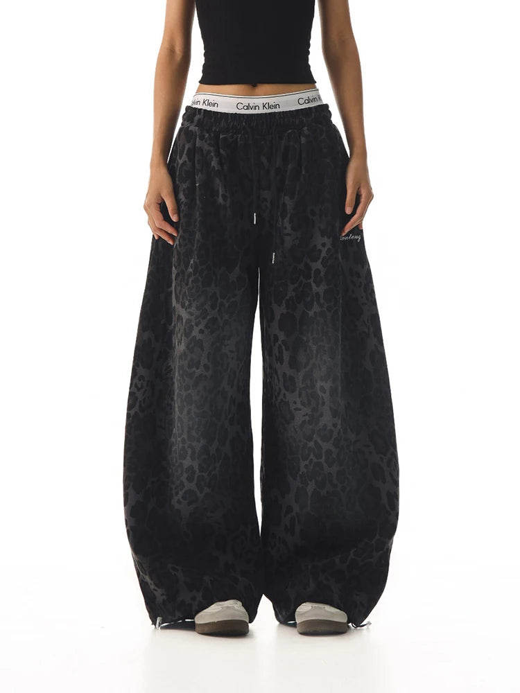 Y2K American Retro Pants Women Washed Leopard Print Spicy Girl Loose Slimming Wide Leg Versatile Casual Fashion
