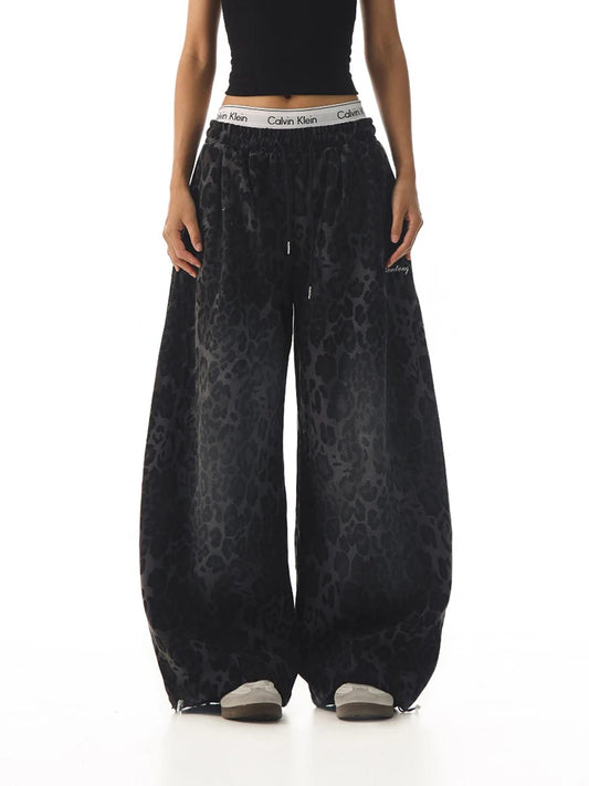 Y2K American Retro Pants Women Washed Leopard Print Spicy Girl Loose Slimming Wide Leg Versatile Casual Fashion