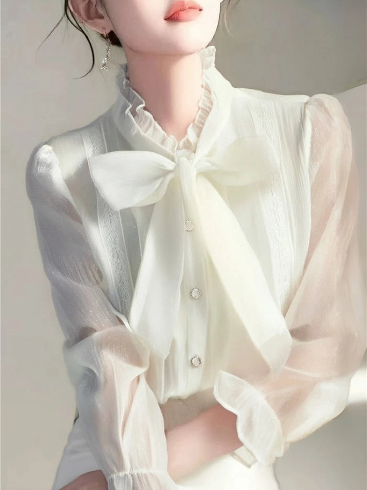 Chiffon Women Shirts Summer 2023 Solid Long Sleeve Fashion Y2k Blouses Loose Korean Top Bow New Casual Blusa