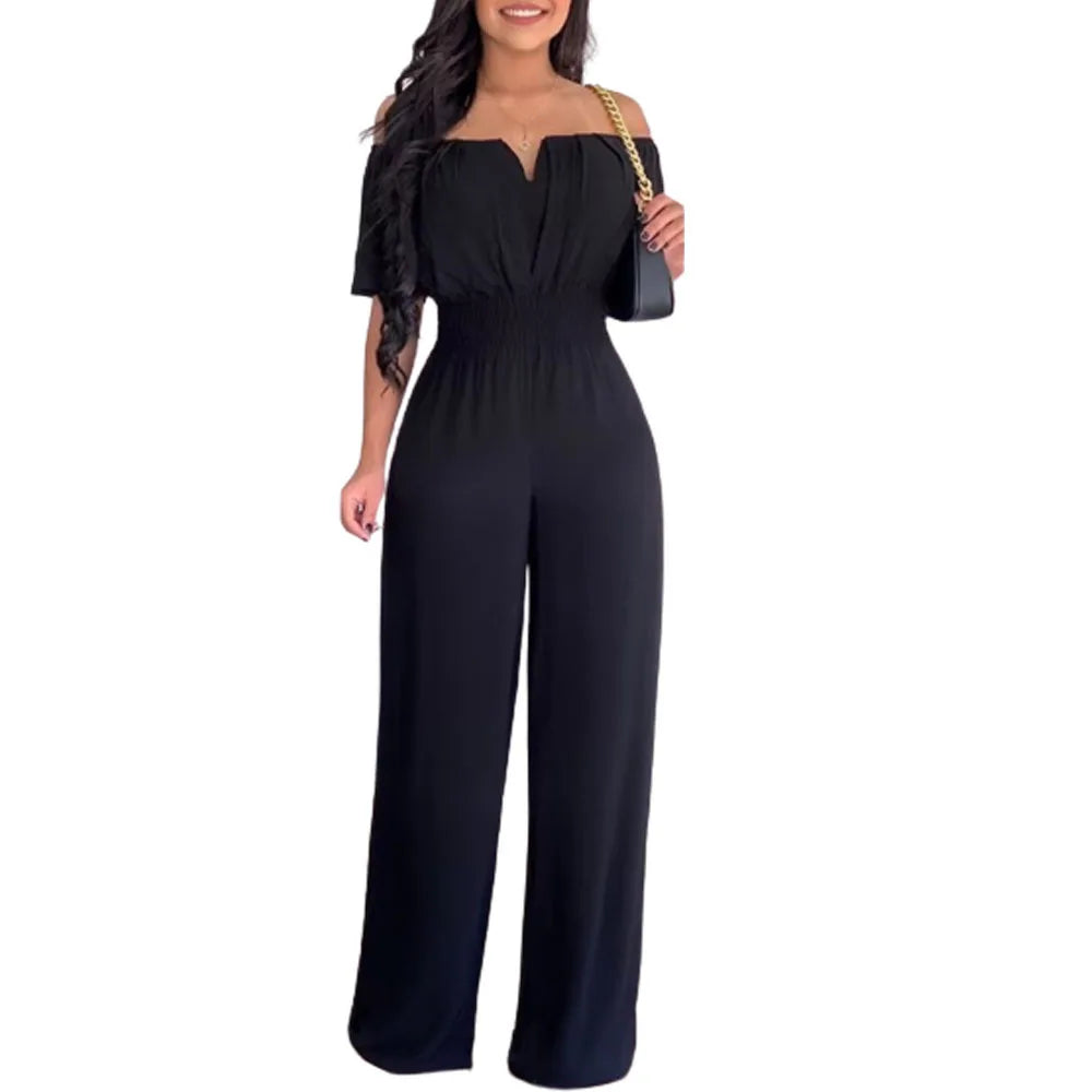Lady Print High Waist Jumpsuit Sexy Off Shoulder Short Sleeve Wide Leg Pants Jumpsuits Women Fashion Casual Summer Women Clothes