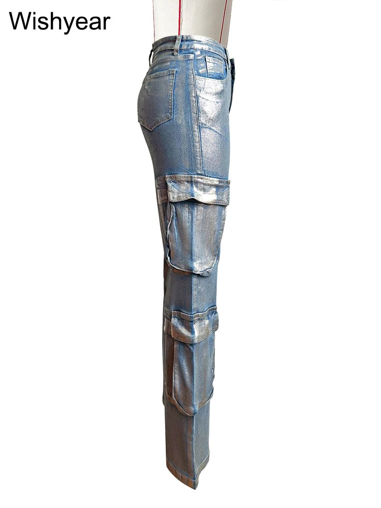 Hot Silver Stretch Denim Cargo Pants Women High Waist Streetwear Hip Hop Trousers Female Big Pockets Baggy Jeans Sweatpants y2k
