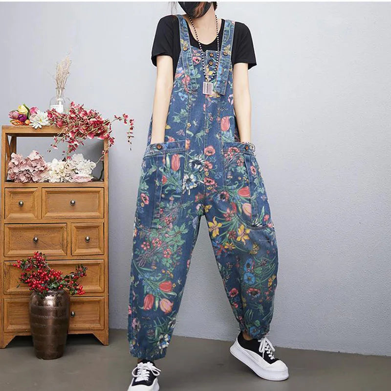 New Printed Denim Overalls Women's Spring Autumn Loose Plus Size Casual Suspender Rompers Fashion Female Jumpsuit Lantern Jeans