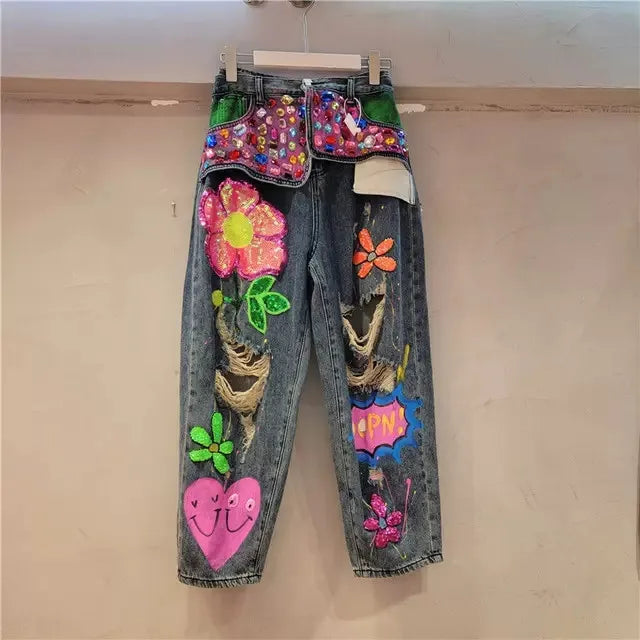 Fashion Women's Spring Embroidery Diamond Bead Hole Jeans High Waist Loose Crystal Stone Jeans Denim Ripped Pants