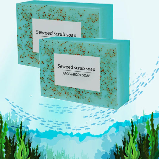 Seaweed scrub particle soap is rich in vitamin E. It contains olive oil, which gently cleanses the face, moisturizes and hydrate