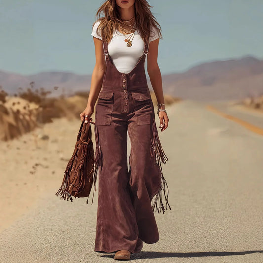 Women Chamois Straps Jumpsuit Spring Tassel Wide Leg Pants Romper Dungaree Bib Overalls Casual Loose Sleeveless Street Jumpsuits