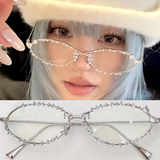 2026 Diamond Studded Bow Oval Frame Glasses Women's Fashion Vintage Transparent Metal Sunglasses Blue Light Blocking Eyeglasses