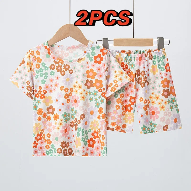Summer CHILDREN'S Shorts and Short Sleeves 2-piece Suit Handsome Leopard Cute Floral Girl Joker Casual Suit.