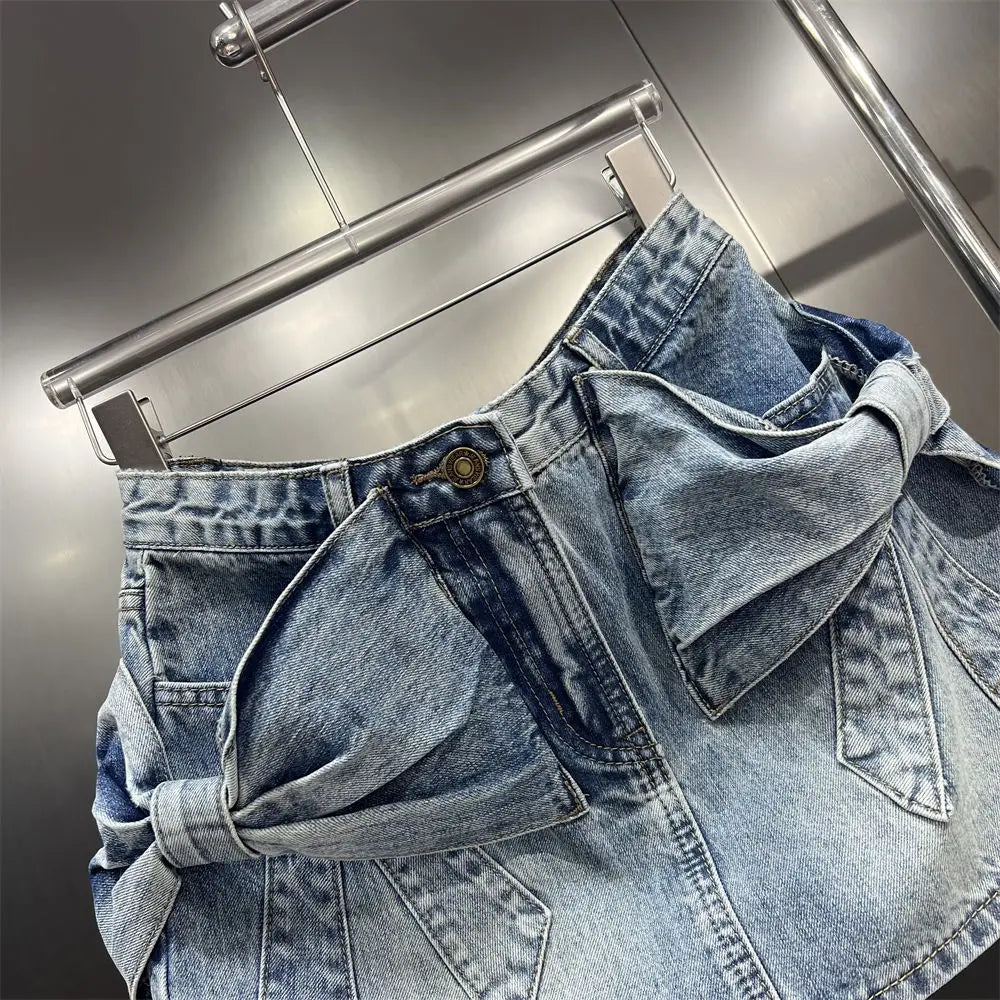 design bow denim short skirt, fashionable and spicy girl, anti slip half skirt, high waist A-line wrapped hip skirt