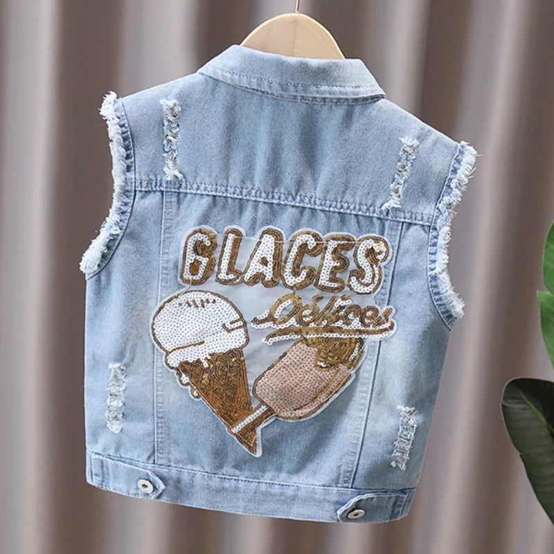 Children's Vest Spring and Autumn New Bow Crown Flower Print Flip Collar Vest Sweet and Cute Fashion Versatile Coat