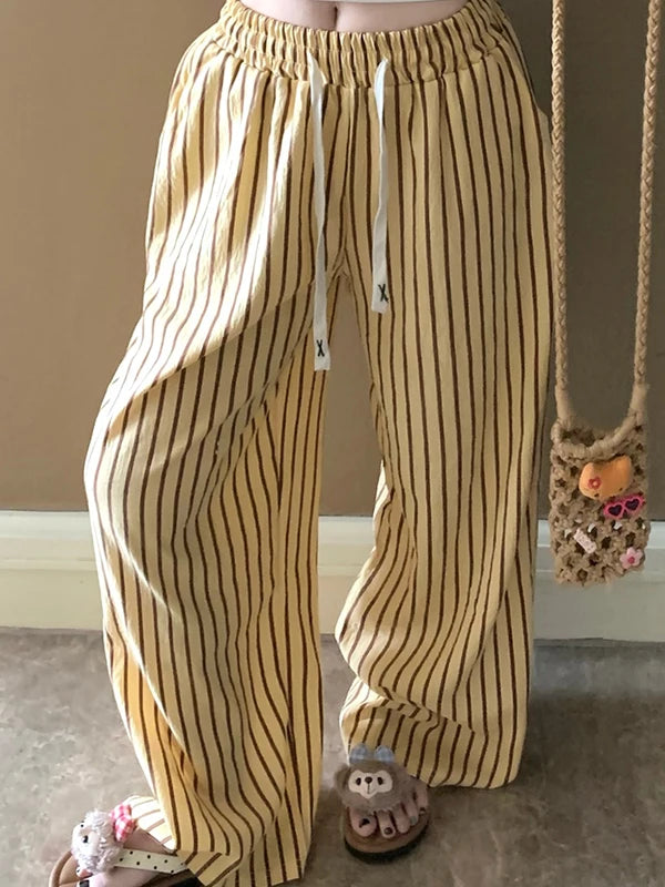 Comfortable Cloud Cotton Sleep Pants Women's Long Pants Striped Outerwear Home Clothes Spring Summer New Style Yellow Stripes