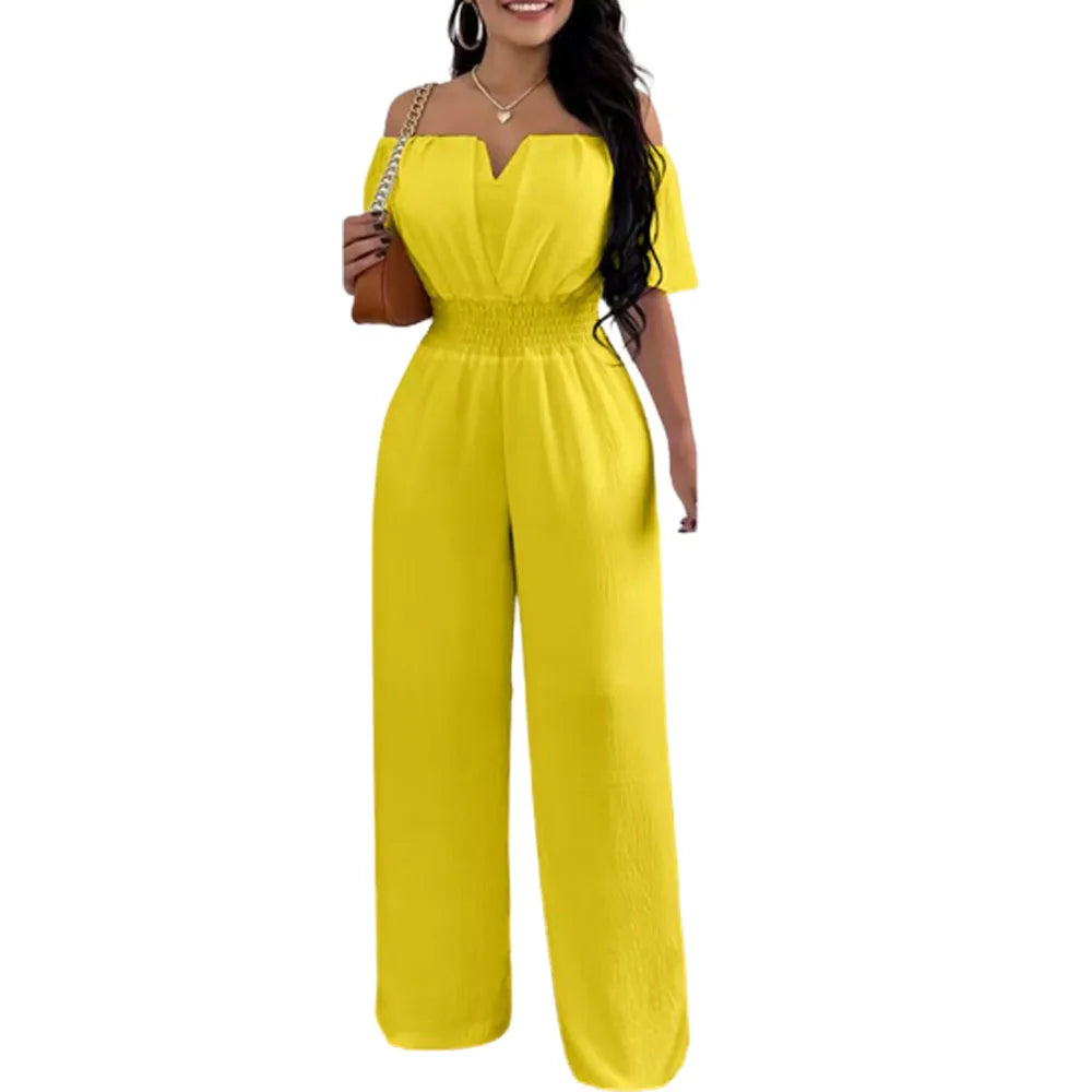 Lady Print High Waist Jumpsuit Sexy Off Shoulder Short Sleeve Wide Leg Pants Jumpsuits Women Fashion Casual Summer Women Clothes
