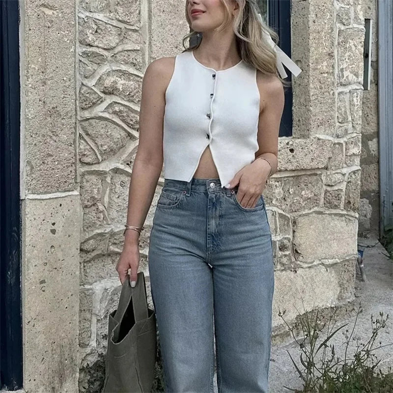 MUJER Cropped Knit Vest Women Cardigan White Sleeveless Vest Woman Fashion Button Knitted Sweater Vest Female Summer Short Tops