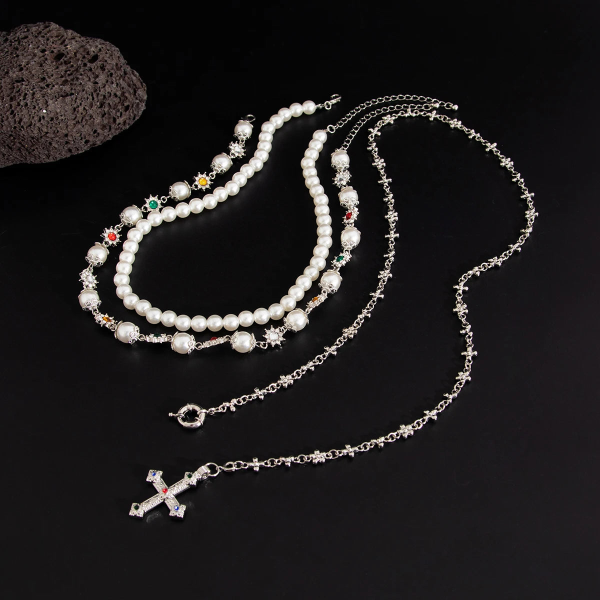 SHIXIN 3 Pcs Trendy Imitation Pearl Rhinestone Flower Long Tassel Necklace for Men Vintage Cross Pendant Necklace Neck Jewelry