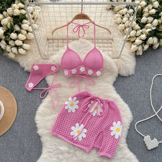 New Summer Hollow Out Knitted Suits Women Halter Lace Up Bow Backless Tank Top+Drawstring Split Mini Skirt Two Pieces Sets