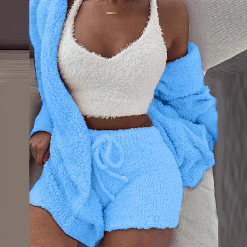 Plush Home Fluffy Pajamas Suit Women's Casual Pajamas Vest Shorts Plus Size Hoodie Casual Jumpsuit Winter Three-piece Pajamas