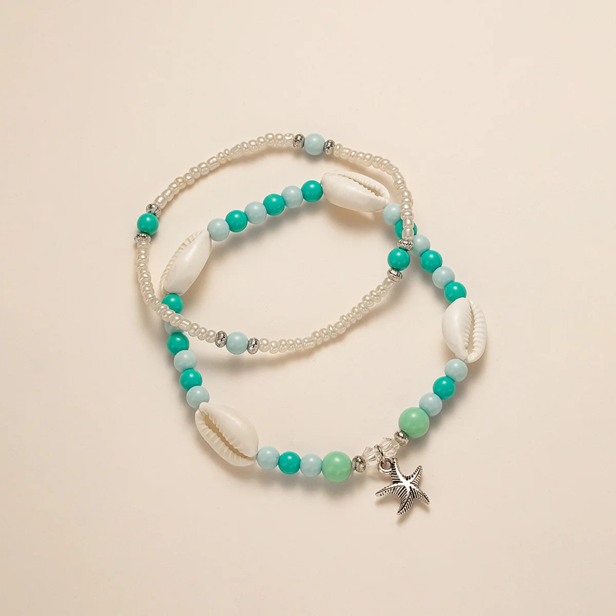 2-piece vacation ocean style alloy starfish pendant with colorful jelly beaded double layered women's anklet
